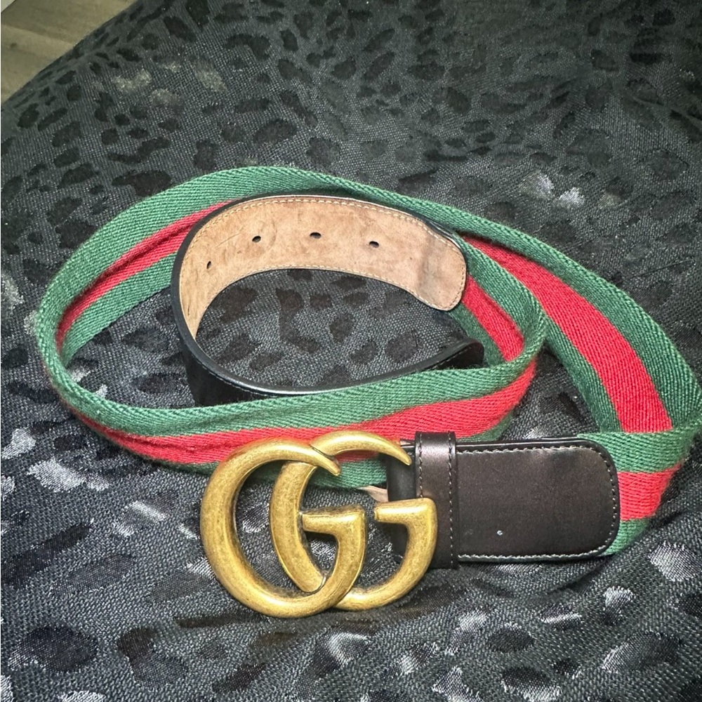 Authentic Gucci Black and Green Women's Belt with Gold Buckle